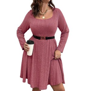 Women's Plus Size Casual Sweater Dress Square Neck Long Lantern Sleeve Tie Waist - 1 of 2