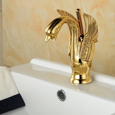 Gold Polished Brass Swan Single Handle Bathroom Faucet