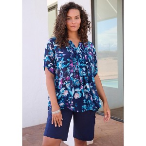Roaman's Plus Size Tara Pleated Shirt – Adjustable 3/4 Sleeve Swing Tunic With Notch Collar - 1 of 4
