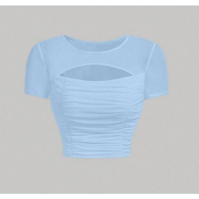 TIME HOLLOW Cut Out Front Ruched Crop Tee