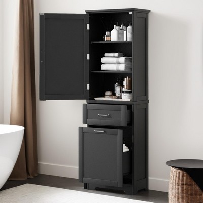 68" Tall Bathroom Storage Cabinet Wooden Floor Cabinet with 2 Different Size Drawers Freestanding Cupboard,Adjustable Shelf - Leovsnove