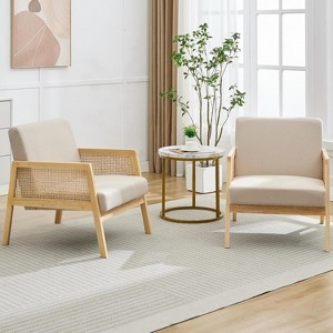 Mid Century Modern Accent Chair, Comfy Living Room Chairs with Sturdy Wood Legs, Rattan Backrest & Beige Thick Linen Cushion, Beige (2 PCS) - 1 of 4
