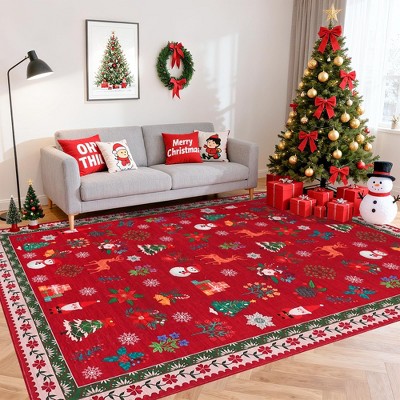 Washable Christmas Party Print Accent Rug w/ Non-Slip Backing,Stain-Resistant Low Pile Holiday Carpet