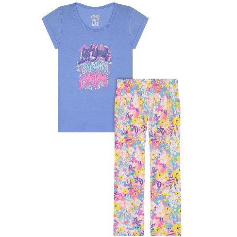 Sleep On It Girls Blossoming Dreams 2-Piece Capri Legging Pajama Sleep Set  - Blue, S(7/8)