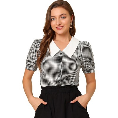 Allegra K Women's Plaid Puff Sleeve Blouse Contrast Collar Button