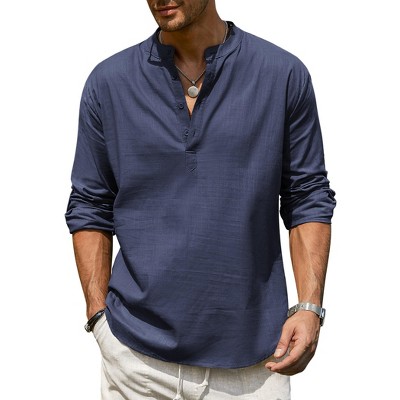COOFANDY Men's Casual Beach Cotton Linen Henley T-Shirts Navy Blue L