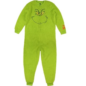 Seven Times Six The Grinch Union Suit Adult Embroidered Face Plush Full-Zip Pajama Costume - 1 of 4
