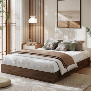 King Wood Bed Frame, Floor Standing, Wooden Slats, No Box Spring Needed, Noise Free & Easy Assembly, Modern Minimalist, Burlywood/Walnut Wood - 1 of 4