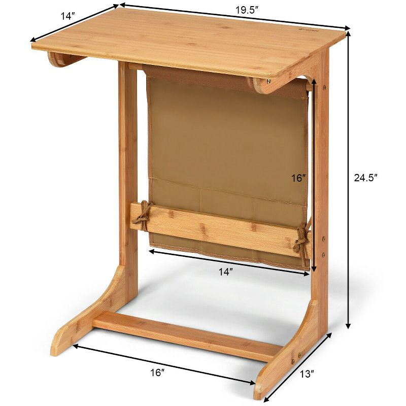 Costway Bamboo Sofa Table Laptop Desk Coffee Snack End Table Bedside Table W/Storage Bag, 2 of 11