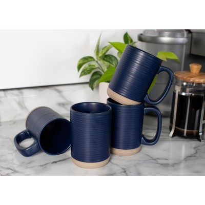 Navy Blue Ceramic Ribbed Coffee Mugs with Raw Clay Bottom, Set of 4