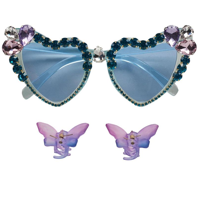 Willow & Ruby Kid's Fun Sunglasses with Hair Clip Set for Girls - Sunnies & Claws in Blue Heart & Butterfly Hair Clips, 5 of 6