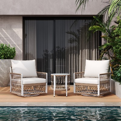 FIONECA 3-Piece Bohemian Outdoor Set ¨C 2 Swivel Rope Chairs & Glass-Top Table, Waterproof Cushions, Powder-Coated Steel, Patio/Garden/Pool