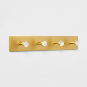 Metal and Faux Marble 4 Hooks Gold - Threshold™: Wall Mounted Decorative Hook Rack, Iron, Coat Rack, 18" Length - 1 of 3