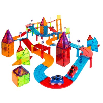 Best Choice Products 212-Piece Kids 3D Magnetic Tile Car Race Track STEM Learning & Building Toy Set w/ 2 Light-Up Cars