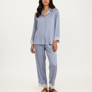 Anna-Kaci Lounge Women's 2-Piece Set Satin Button Front Pajama Top with Lace Trim Sleeves and Matching Elastic Waist Pants - 1 of 4