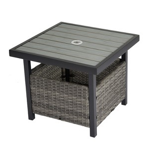 Naysaye Patio End Tables Wicker Side Table PE Rattan Imitation Wood Top with Umbrella Hole for Outdoor Use, Gray, 22"*22"*18" - 1 of 4