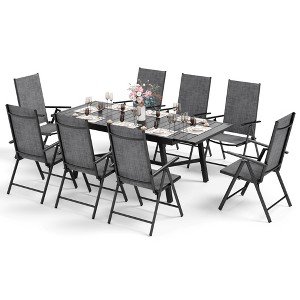 Captiva Designs 9pc Patio Slat-top Adjustable Steel Rectangle Table & Textilene Reclining Foldable Chairs - 1 of 4