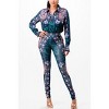 Slickblue Women's Satin Blouse & Leggings Set with Scarf Print, Button Down Top, High Waist Bottoms, Navy/Green, Size S-L - 4 of 4