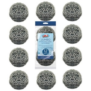 Stainless Steel Wool Scourer -Jumbo Sized- 35 Grams, by LOLA, Curled Flat Wire, Cleans Caked On & Baked On Messes on Cookware, 12 Pack - 1 of 4