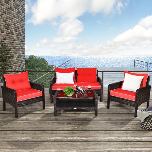 Costway Set Of 2 Patio Rattan Ottoman Footrest Cushions Wooden Handle Red :  Target