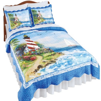 Collections Etc Lighthouse Scene Coastal Scalloped Edge Quilt