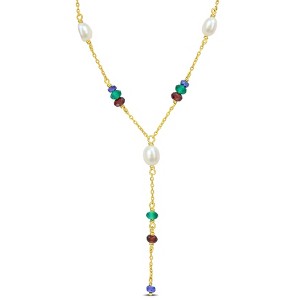 EVERLY JEWELRY  |  Yellow Plated Sterling Silver Freshwater Cultured Pearl & Blue Sapphire, Garnet, Green Onyx Bead Y Necklace - 1 of 4