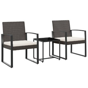 vidaXL Patio Dining Set 3 Pcs Outdoor Table and Chair with Cushions PP Rattan - Brown - 1 of 4