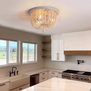 YANSUN 3-Light Boho Farmhouse Drum Flush Mount Ceiling Light Fixture Wood Beaded Chandelier for Hallway Baby's Nursery Bedroom - 1 of 4