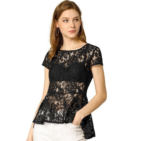 Inspire Chic Women s Lace High Low Hem Cap Sleeves Peplum Blouse Black Small Target