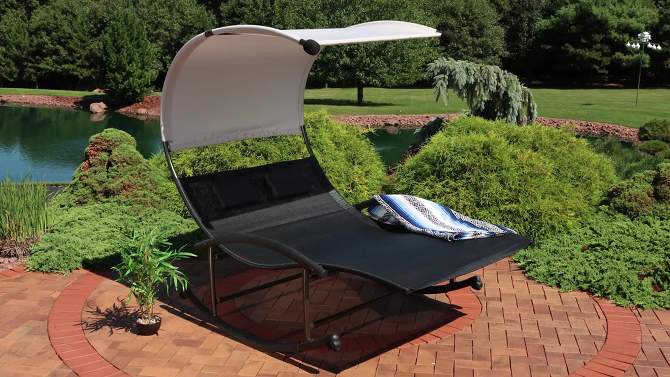 Sunnydaze Outdoor Double Chaise Lounge Bed with Canopy Shade and Headrest Pillows, Black, 2 of 14, play video