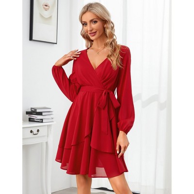 Clearlove Women Mini Dress  Wrap V Neck Long Sleeve Waist Tie Dress Layerd Flowy Flutter Skater Dress