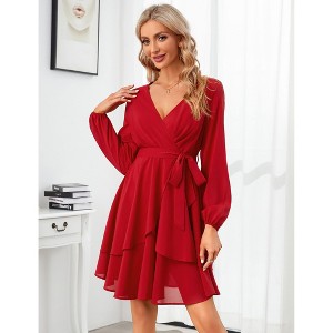 Clearlove Women Mini Dress  Wrap V Neck Long Sleeve Waist Tie Dress Layerd Flowy Flutter Skater Dress - 1 of 4