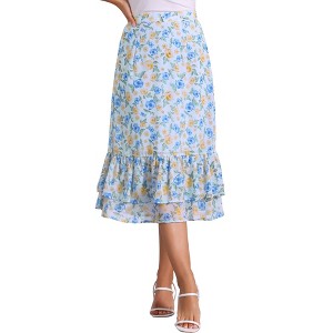 INSPIRE CHIC Women's Chiffon Elastic Waist Ruffle Tiered Flowy Midi Floral Printed Skirts - 1 of 4