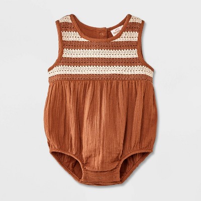 Image of Baby Girls' Tropic Crochet Romper - Cat & Jack™ Brown 6-9M