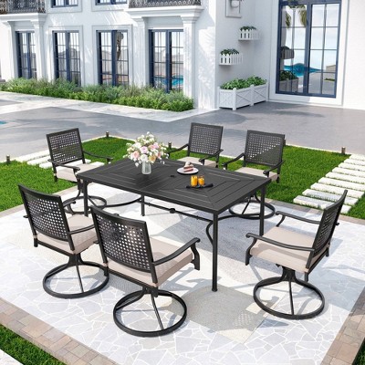 7pc Outdoor Dining Set with Steel Swivel Chairs & Large Rectangle Metal Table with Umbrella Hole - Black - Captiva Designs: Weather-Resistant
