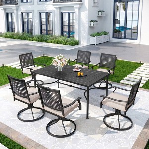 7pc Outdoor Dining Set with Steel Swivel Chairs & Large Rectangle Metal Table with Umbrella Hole - Black - Captiva Designs: Weather-Resistant - 1 of 4