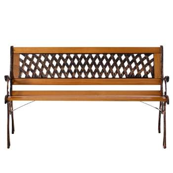 Outdoor Classical Wooden Slated Park Bench, Steel frame Seating Bench for Yard, Patio, Garden, Balcony, and Deck