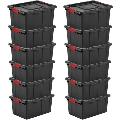 Sterilite 15 Gallon Durable Rugged Industrial Storage Tote with Red Latches and Tie Down Holes for Heavy Duty Storage, Black, 12 Pack