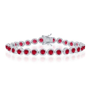 Bella Silver Sterling Silver, Round Halo White & Ruby CZ Linked Bracelet - Red - 7.5 Inch - 1 of 2