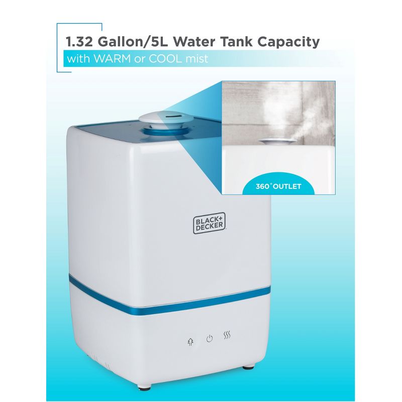 BLACK+DECKER Ultrasonic Humidifier 1.32 Gallon with Warm and Cool Mist, White, 3 of 8