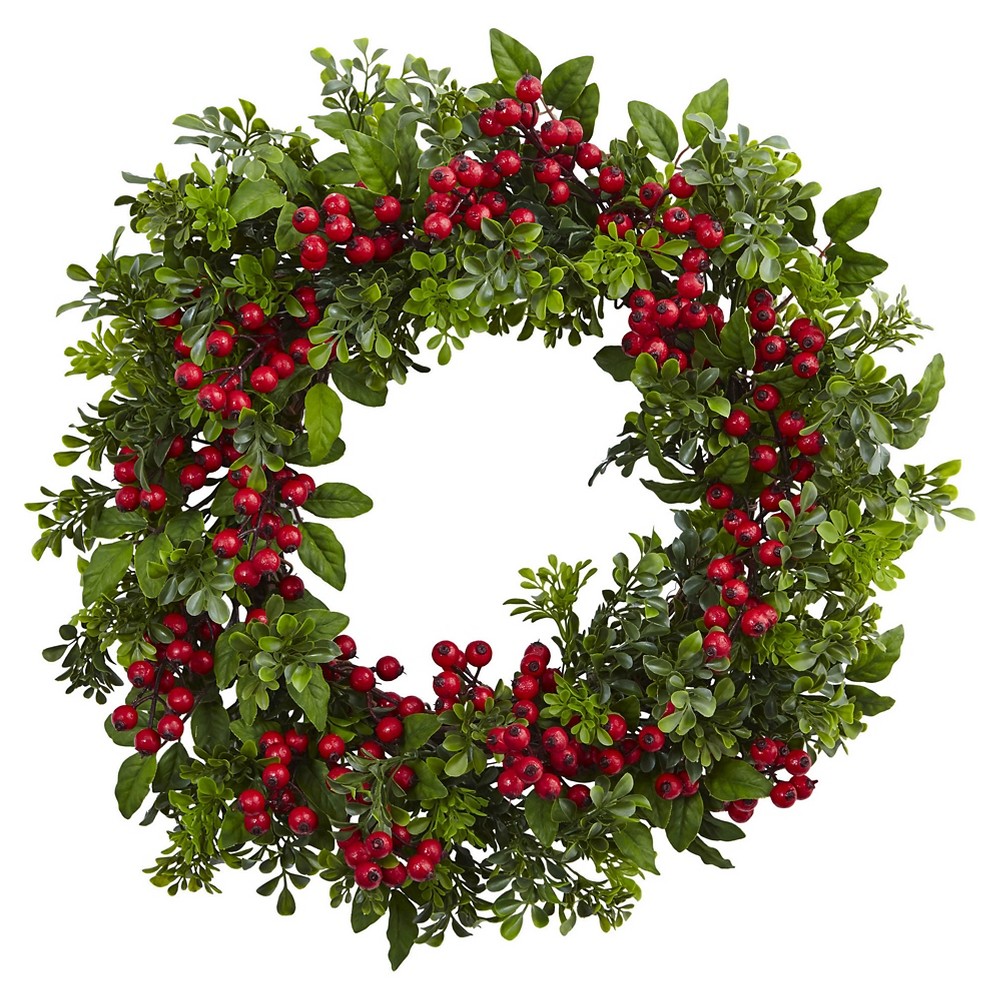 Photos - Other interior and decor Berry Boxwood Wreath  - Nearly Natural(24")