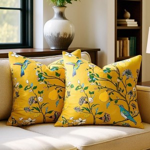 Yellow Floral Pillow Covers 18x18 Set of 2, Velvet Wild Flower Plant Throw Pillows Case - 1 of 4