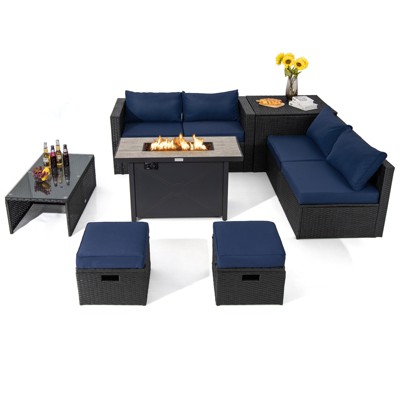 Tangkula 9 PCS Outdoor PE Rattan Wicker Sectional Sofa with 42" 60,000 BTU Gas Fire Pit Table Space-Saving Conversation Set with Storage Box Black/Grey/Navy Blue/Red/Turquoise/Off White