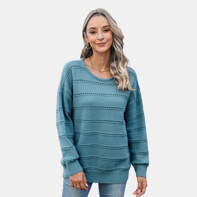 Women's Cozy Teal Striped Knit Sweater - Cupshe
