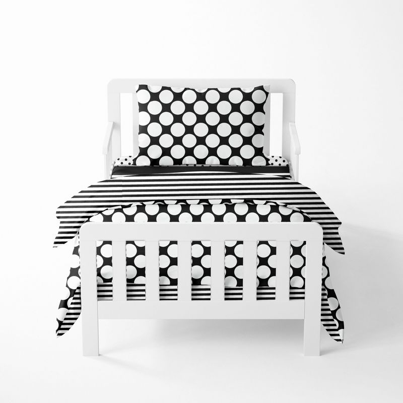 Bacati - Dots Stripes Black/White 4 pc Toddler Bedding Set, 1 of 9