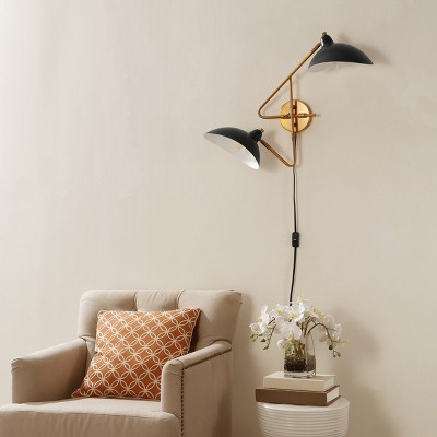 Aspera Mid-Century Black Iron Dual-Arm Plug-In Wall Sconce