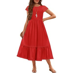 Arshiner Girls Summer Maxi Dresses Short Sleeve Casual Flowy Tiered Dress with Pockets for 4-14 Years True Red 7-8 Years
