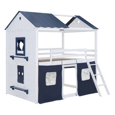 Vynxaria Full Size Bunk Wood House Bed with Elegant Windows, Sills and Tent, Blue+White