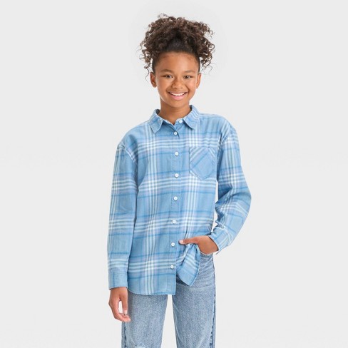 Flannel Button-Up Shirt for Tall Women in Ocean Blue and White