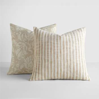 2-Pack Yarn-Dyed Patterns Natural Throw Pillows - Becky Cameron, Natural Yarn-Dyed Bengal Stripe / Distressed Floral, 20 x 20